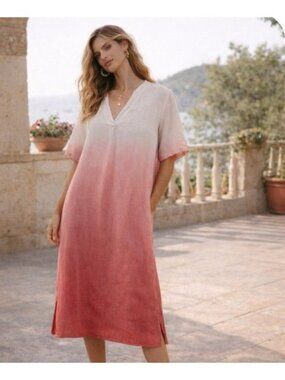 Womens Italy Linen Ombre Pink Dress Resort Lightweight Luxe Coastal Chic